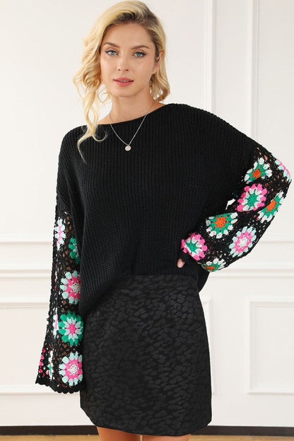 Black Floral Crochet Bell Sleeve Loose Sweater Shop Style & More | Fresh Looks, Everyday Deals & Free Shipping