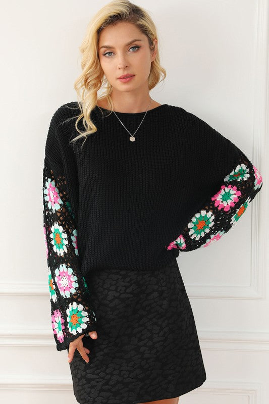 Black Floral Crochet Bell Sleeve Loose Sweater Shop Style & More | Fresh Looks, Everyday Deals & Free Shipping