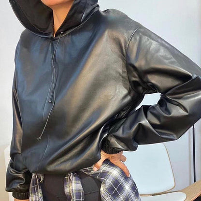Women's Leather Versatile Round Neck Hoodie See size chart under “more details” The Fashion Celestial