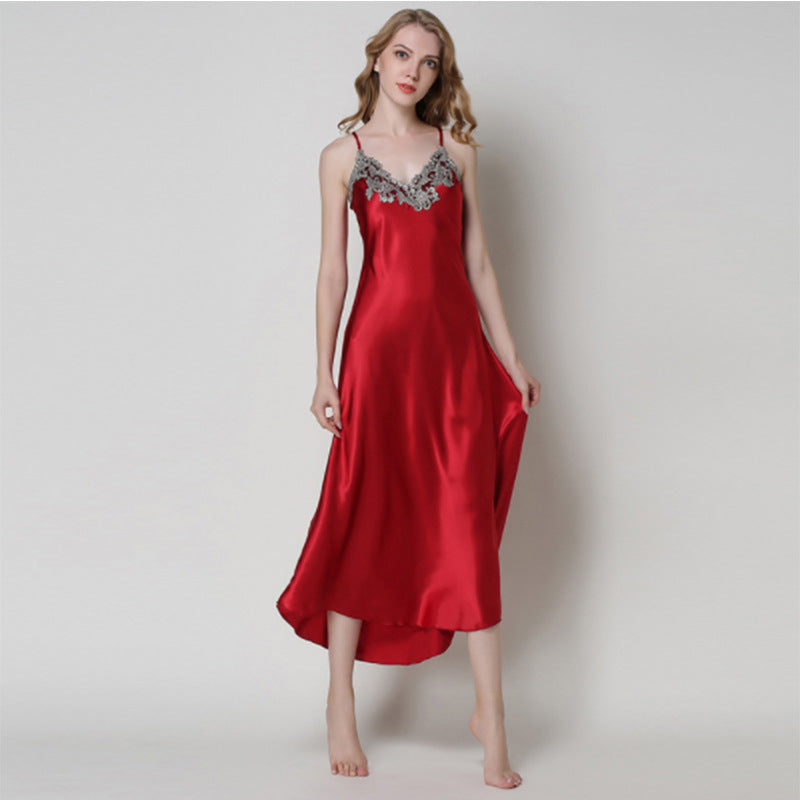 Imitated Silk Lace Sexy V-neck Long Slip Nightdress Pajamas Homewear Grayceful LLC
