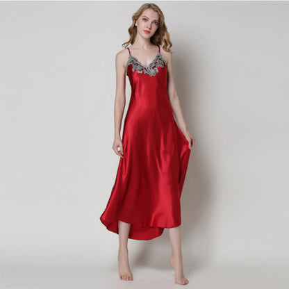 Imitated Silk Lace Sexy V-neck Long Slip Nightdress Pajamas Homewear Grayceful LLC