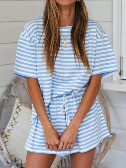 Striped Short Sleeve Tee and Drawstring Shorts Set New Era Fashion LLc