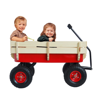 Outdoor Wagon All Terrain Pulling w/Wood Railing Air Tires Children Kid Garden（Red）