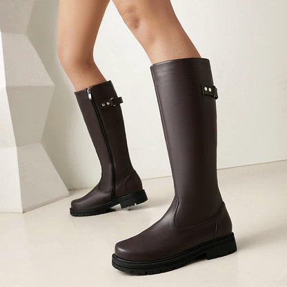 Women’s Retro British-Style Riding Boots – Leather Belt Buckle Knee Boots FitiqueFit
