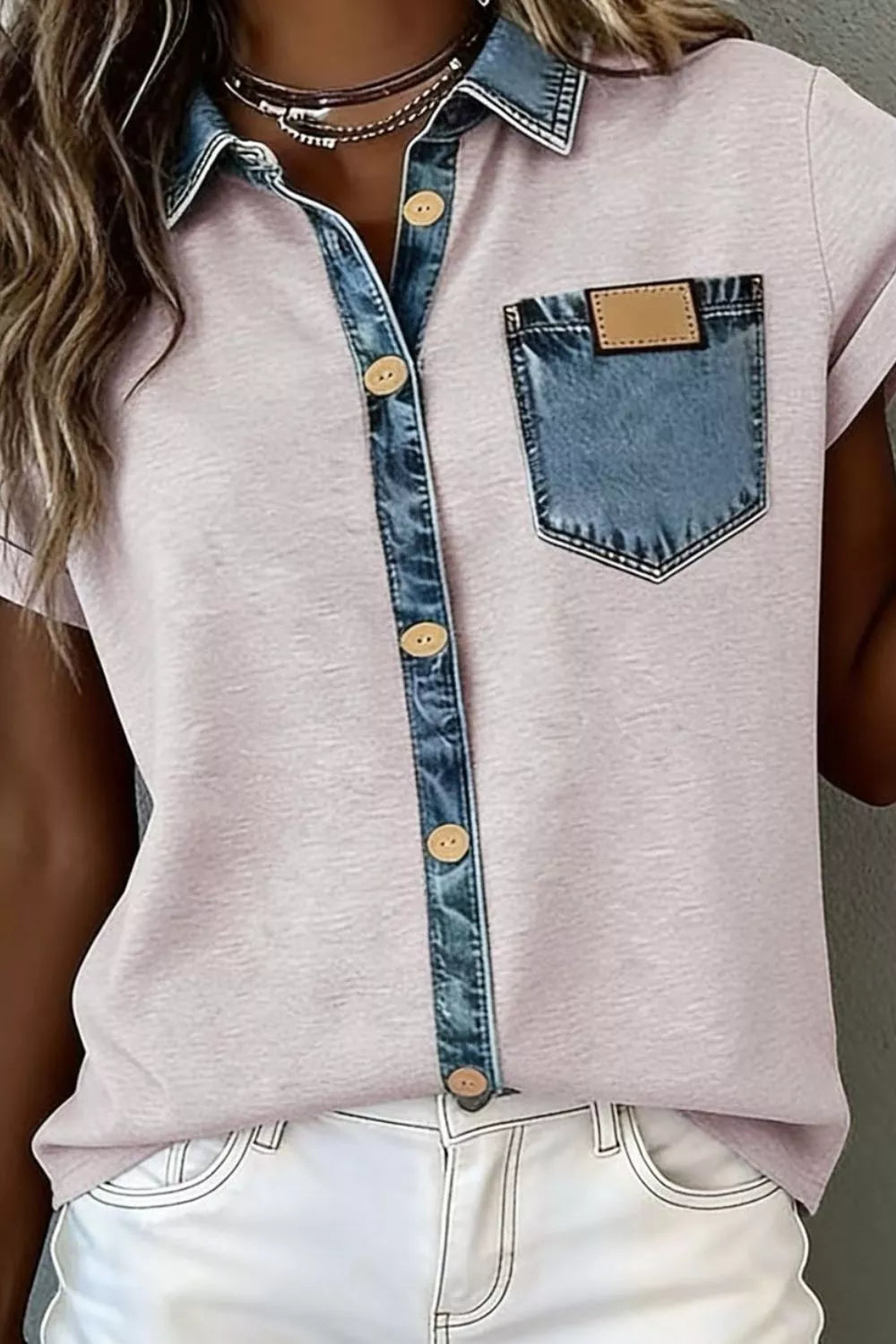 Denim Trim Button-Down Shirt New Era Fashion LLc