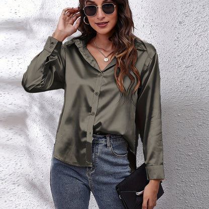 Hot Style In-Kind Shooting Satin Shirt Women'S Satin Imitation Long-Sleeved Shirt New European And American Cross-Border Women'S Clothing NovaCart