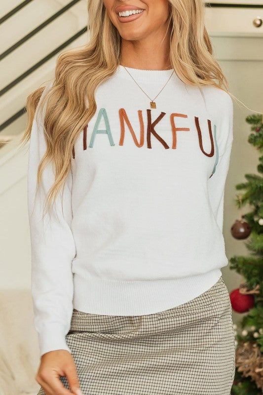 Thankful Embroidered Ribbed Trim Thanksgiving Swea Shop Style & More | Fresh Looks, Everyday Deals & Free Shipping