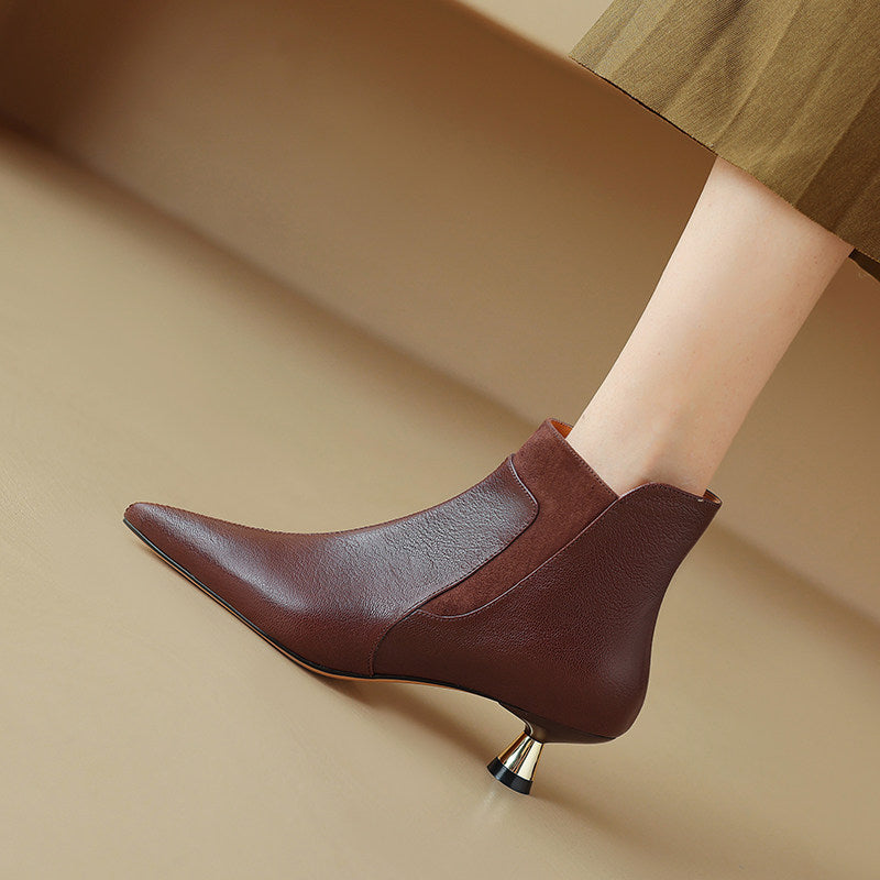 Women's Genuine Leather Kitten Heel Ankle Boots – Pointed Toe Side Zip FitiqueFit