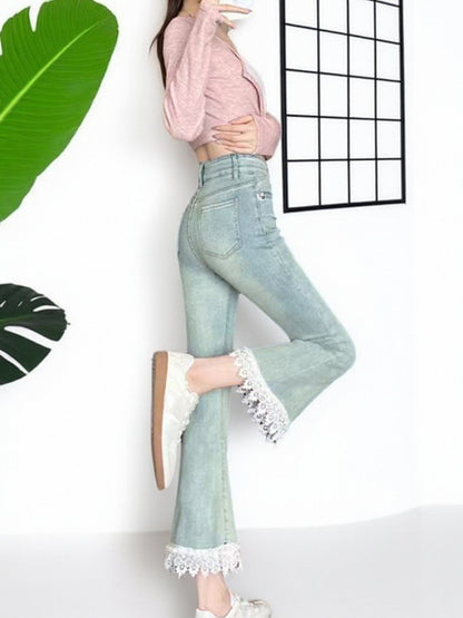 Light Blue Micro-Flare Lace Stretch Jeans for Women FitiqueFit