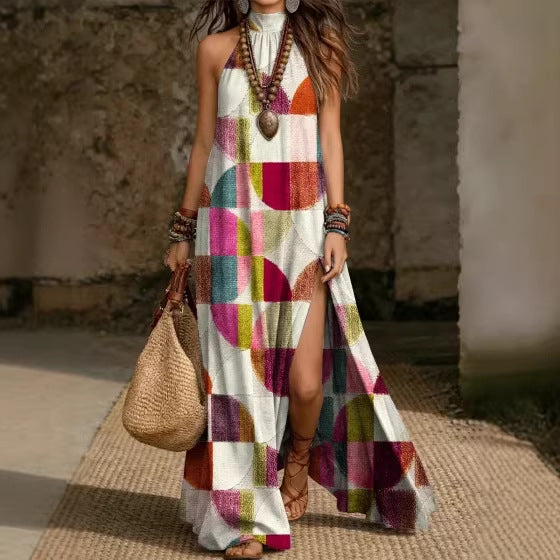 Women's Printed Halterneck Split Maxi Dress – Loose Fit Sleeveless FitiqueFit