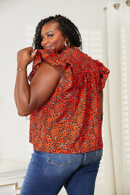 Double Take Floral Flutter Sleeve Notched Neck Blouse New Era Fashion LLc