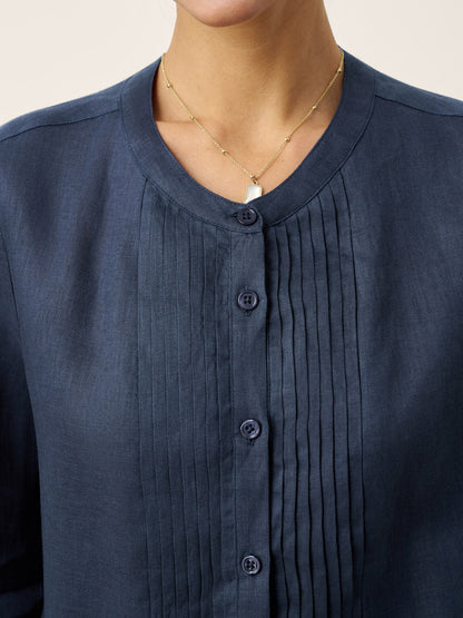 100% Linen Sculpted Accordion Pleat Crew Neck Shirt RANA LINTICO
