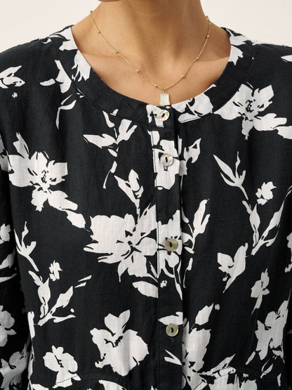 100% Linen Floral Printed Gathered Maxi Dress ELODIE