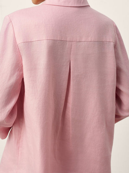 100% Linen Layered Lapel V-neck Sculpted Front Pleat Longline Top ODALYS LINTICO