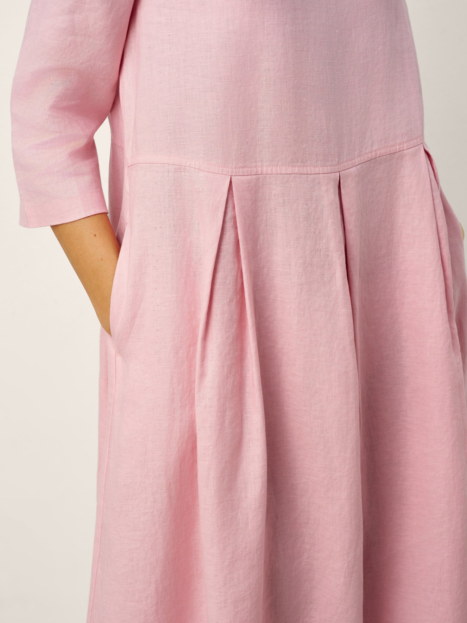 100% Linen Crescent Neck Decorative Button Waist Pleated Maxi Dress GWENYTH LINTICO