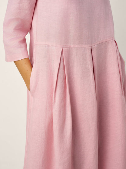 100% Linen Crescent Neck Decorative Button Waist Pleated Maxi Dress GWENYTH LINTICO