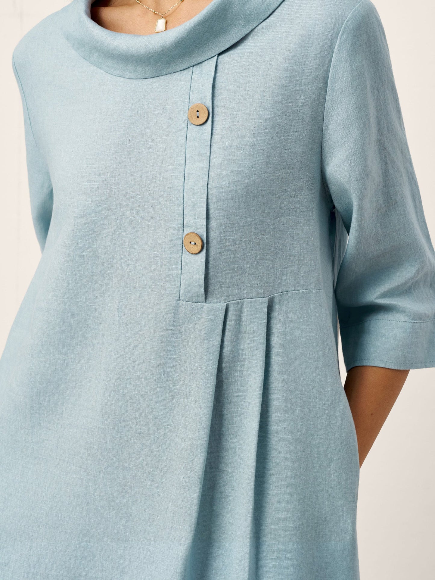 100% Linen Rolled Collar Asymmetric Button Maxi Dress ELARAINE LINTICO
