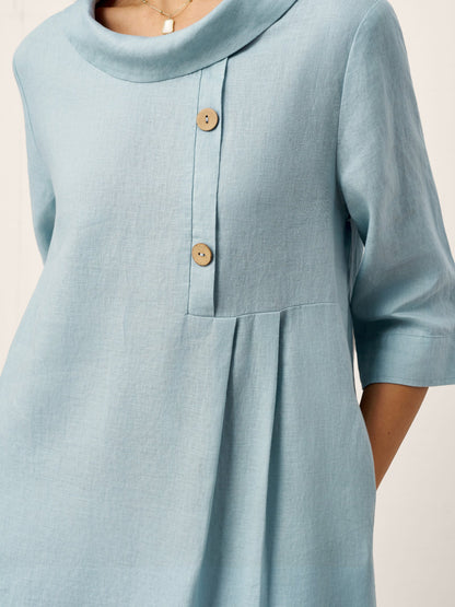 100% Linen Rolled Collar Asymmetric Button Maxi Dress ELARAINE LINTICO