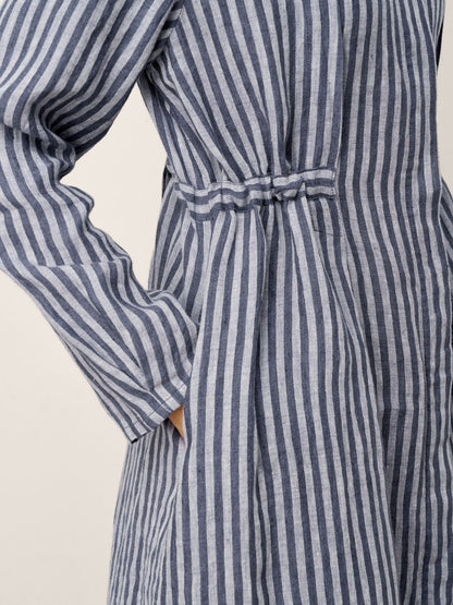 100% Linen Striped Back Drawstring Midi Shirt Dress ADELAIDE