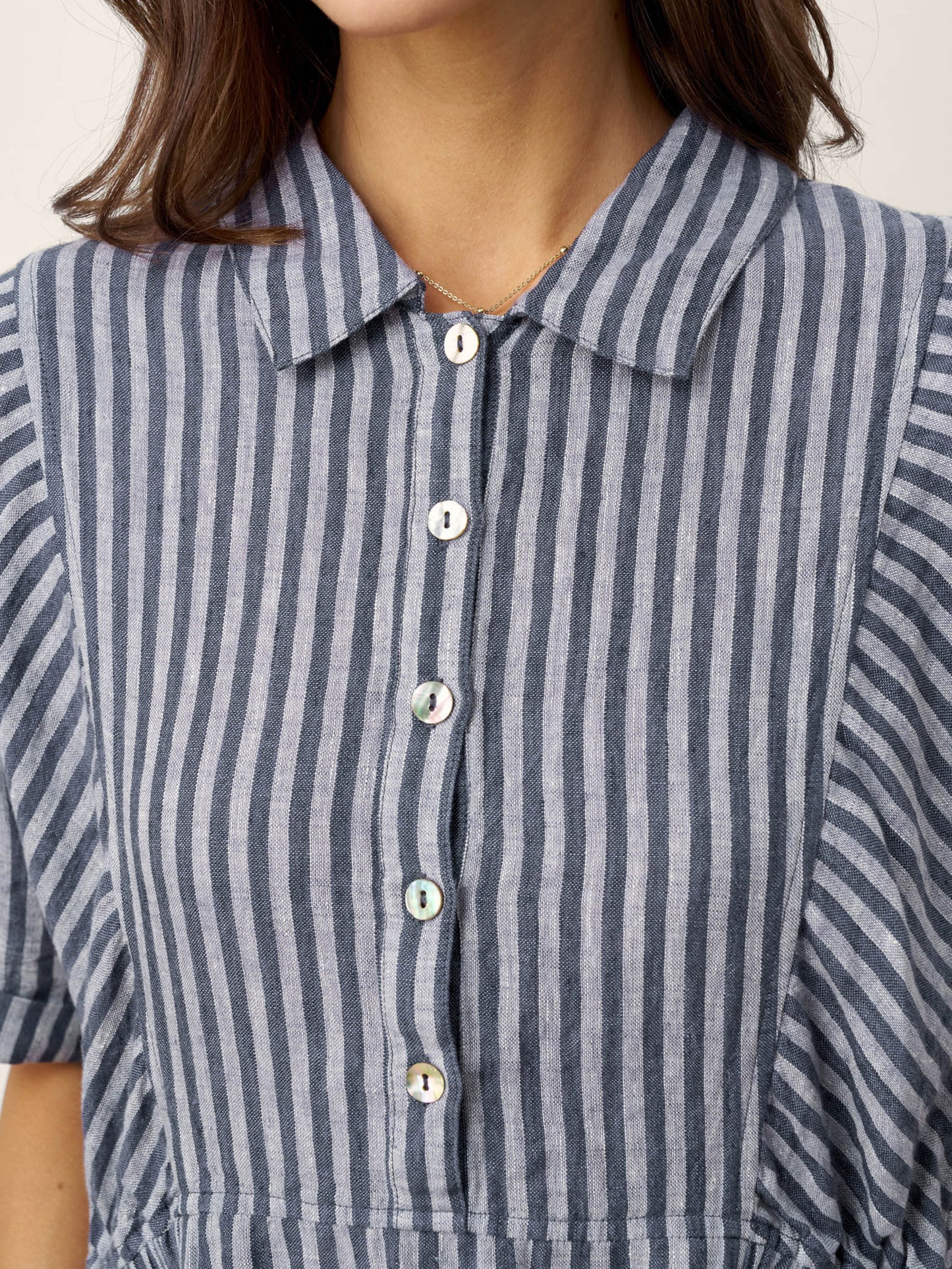 100% Linen Striped Buttoned Front Short Sleeve Midi Shirt Dress CASSANDRA LINTICO