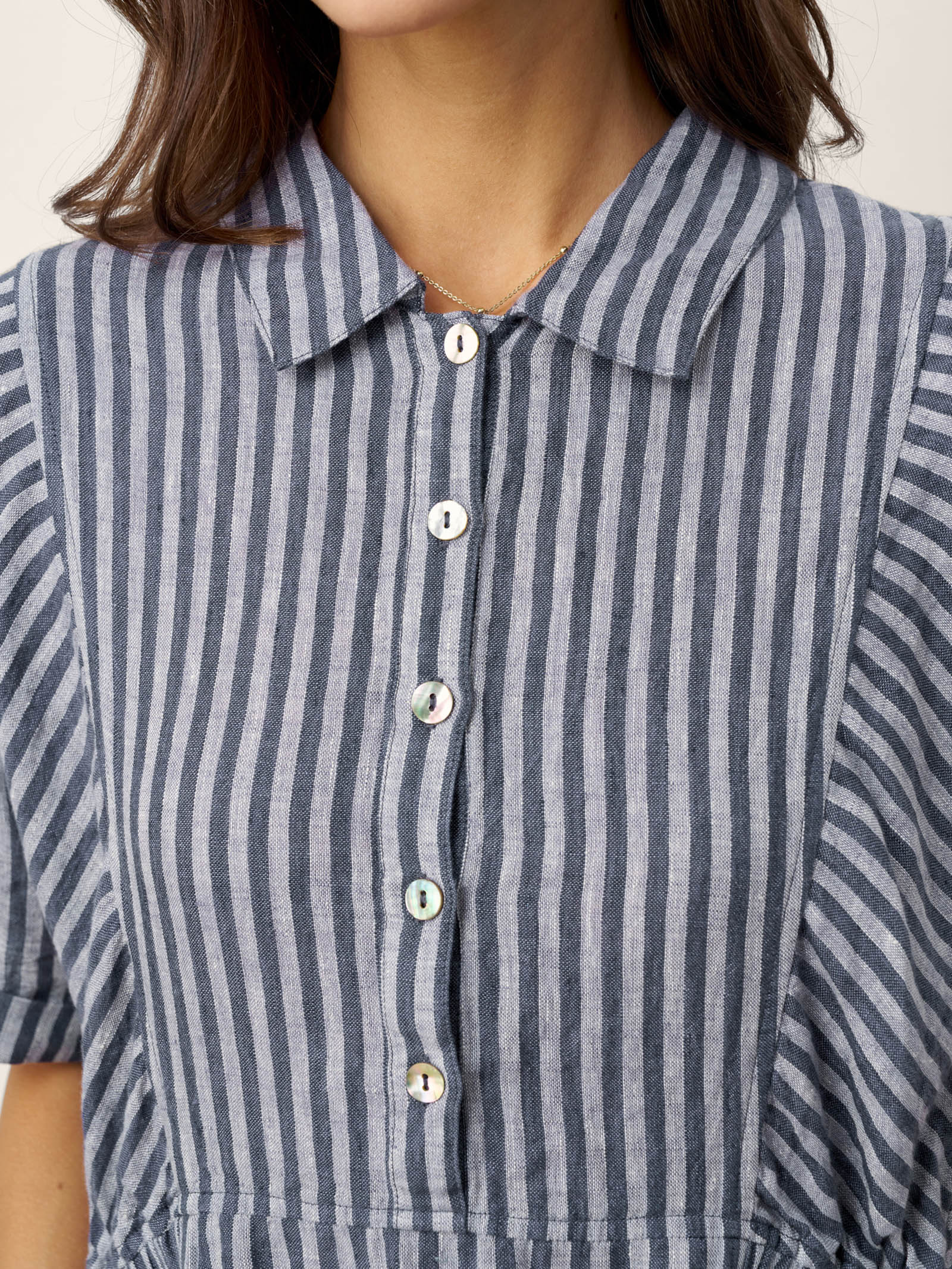 100% Linen Striped Buttoned Front Short Sleeve Midi Shirt Dress CASSANDRA LINTICO