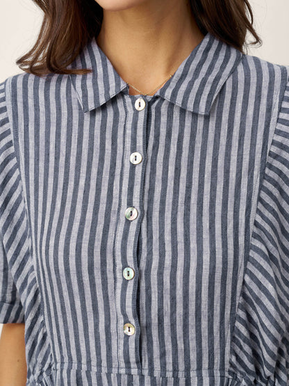 100% Linen Striped Buttoned Front Short Sleeve Midi Shirt Dress CASSANDRA LINTICO