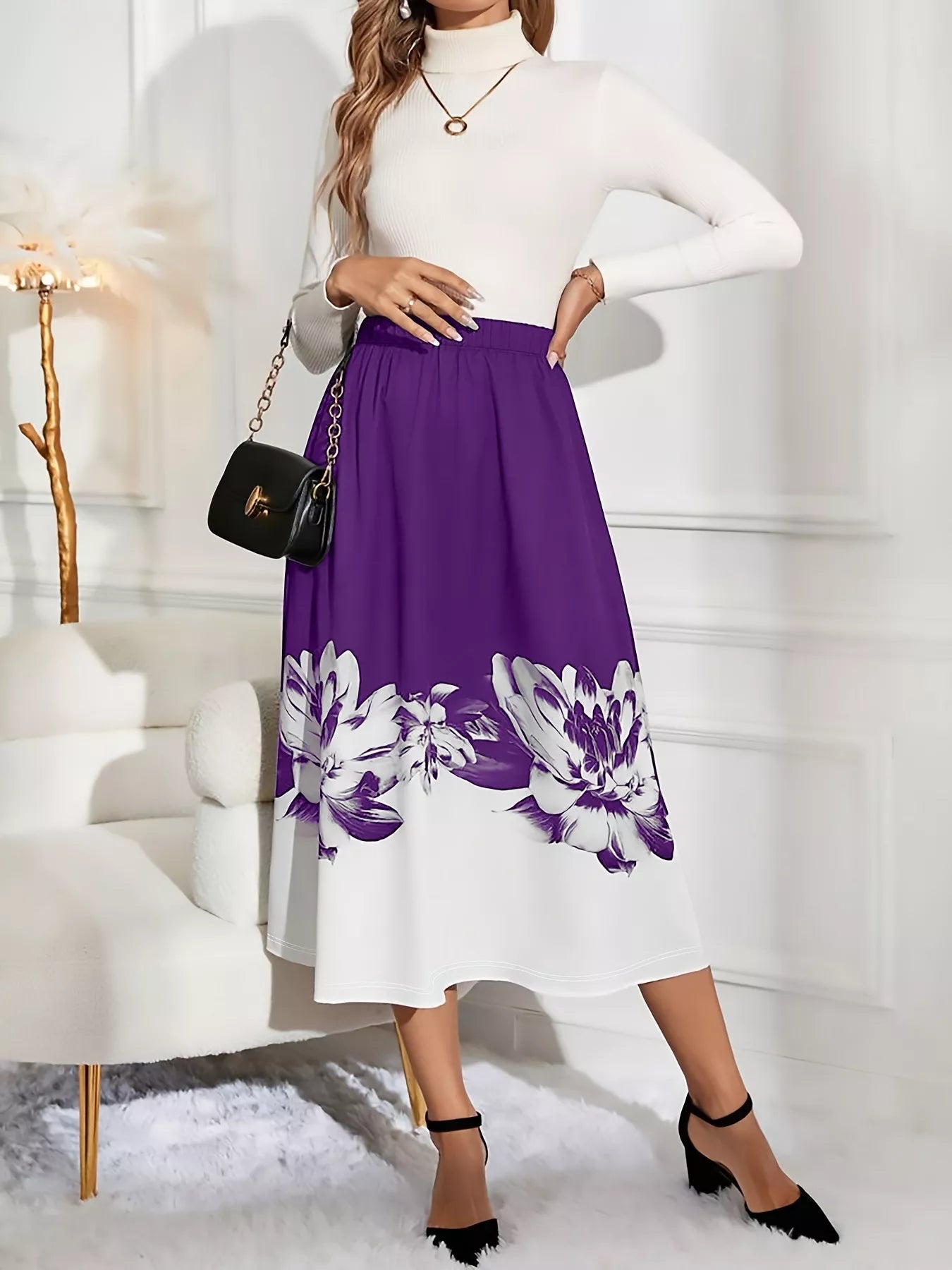 Floral Print A-Line Midi Skirt See size chart under “more details” The Fashion Celestial
