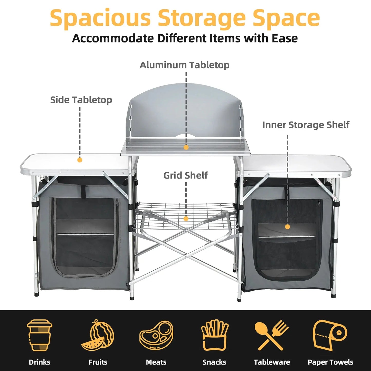 Ultimate Folding Portable Aluminum Camping Grill Table with Storage Organizer and Windscreen in Grey