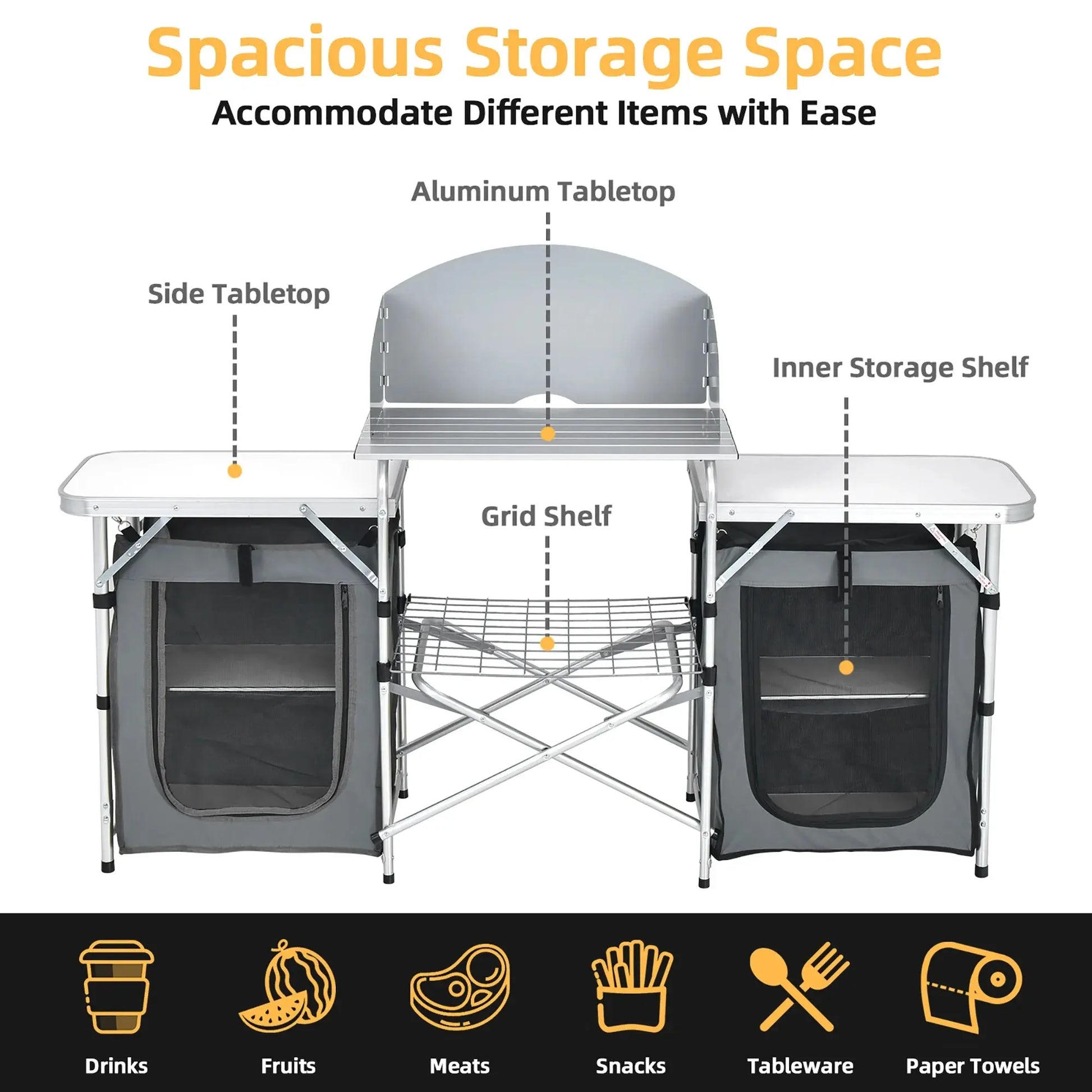 Ultimate Folding Portable Aluminum Camping Grill Table with Storage Organizer and Windscreen in Grey