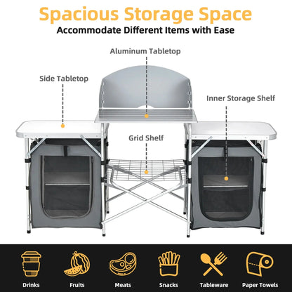 Ultimate Folding Portable Aluminum Camping Grill Table with Storage Organizer and Windscreen in Grey