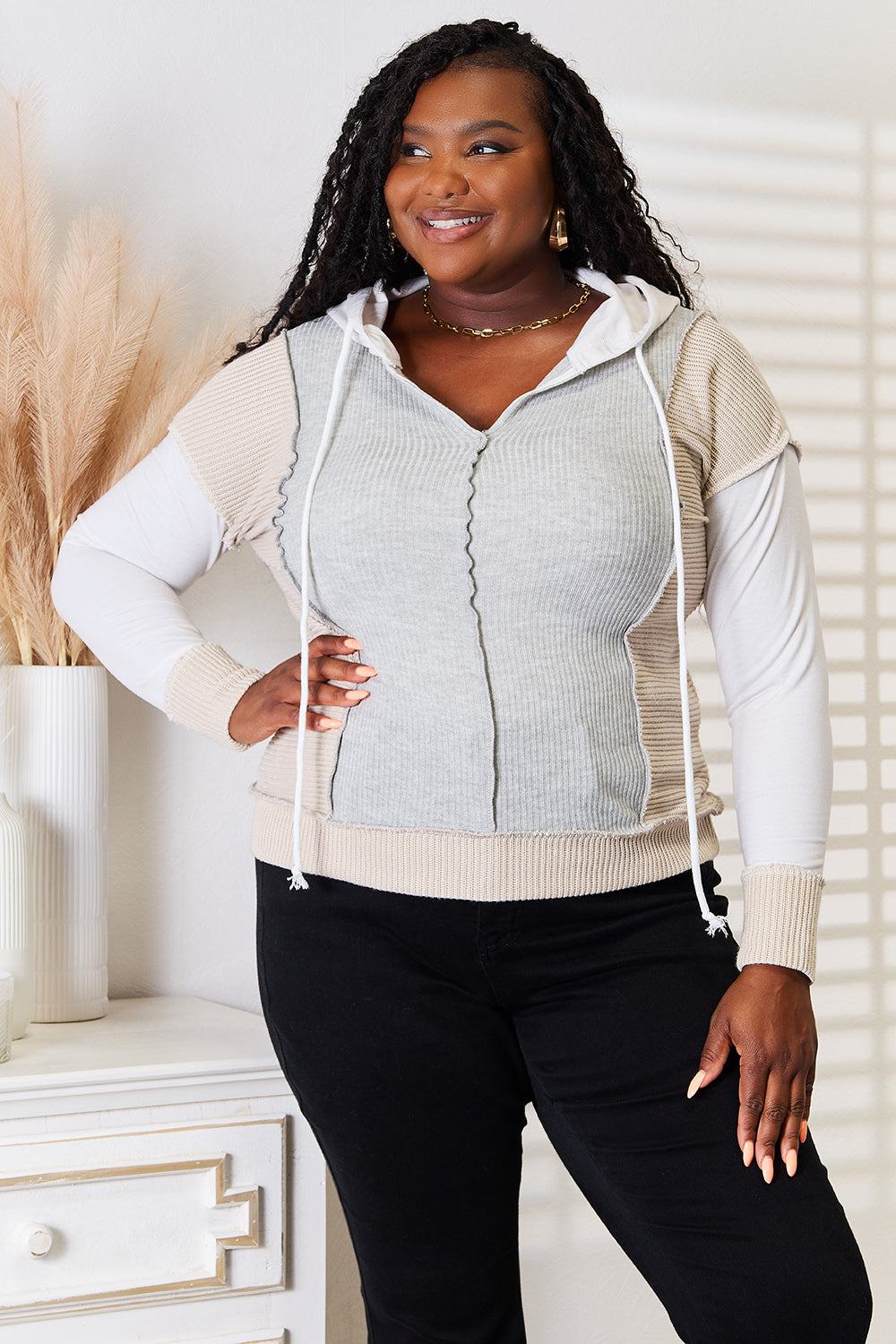 Double Take Color Block Exposed Seam Drawstring Hoodie West2East Surf