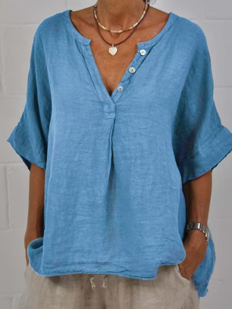 Women's Cotton Linen V-Neck Button-Up Shirt FitiqueFit