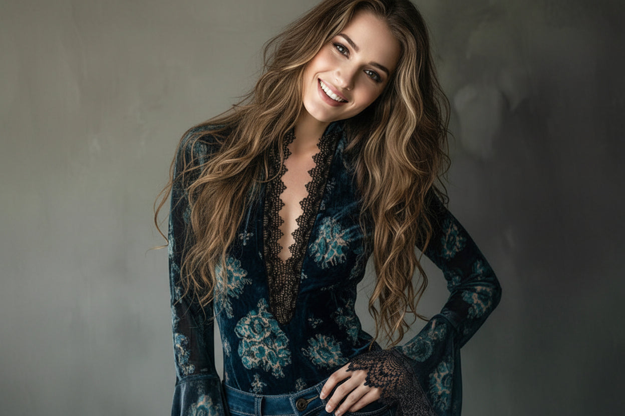 Women’s Retro Lace Panel V-Neck Blouse – Elegant Print Bell Sleeve Top for Spring & Autumn Wear FitiqueFit