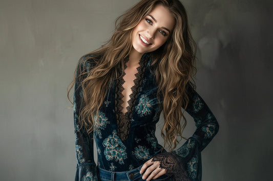 Women’s Retro Lace Panel V-Neck Blouse – Elegant Print Bell Sleeve Top for Spring & Autumn Wear FitiqueFit