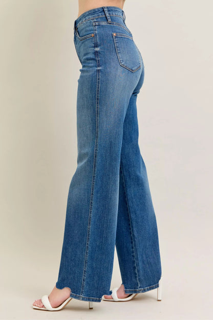 Judy Blue Full Size High Waist Tummy Control Chew Hem Destroy Wide Jeans Plus Size Garden Naked Curves