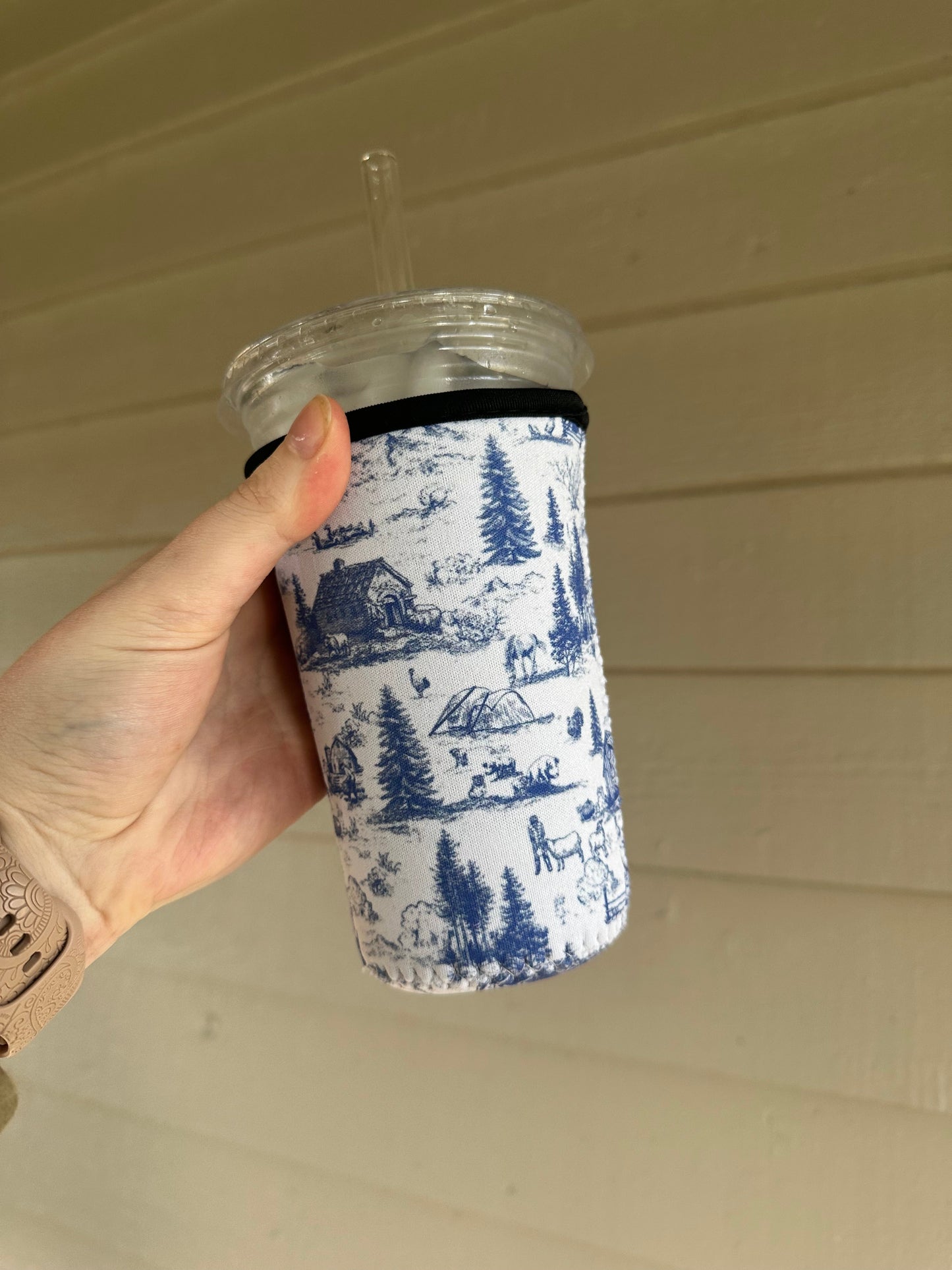 Western Barn Toile Coffee Sleeve | Reusable Neoprene Iced Coffee Cup Cover (16–24oz) BashDesignsCo