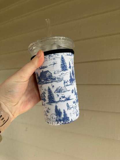 Western Barn Toile Coffee Sleeve | Reusable Neoprene Iced Coffee Cup Cover (16–24oz) BashDesignsCo