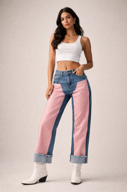 Low Rise Cuffed Jeans with Pink Vinyl Croc Panels See size chart under “more details” The Fashion Celestial