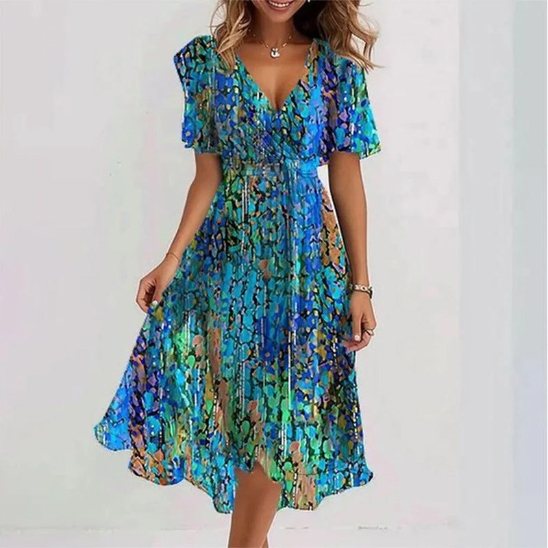 Floral Print A-Line Dress – V-Neck Short Sleeve Midi Dress FitiqueFit