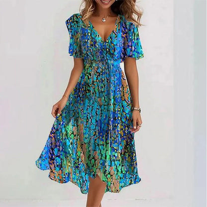 Floral Print A-Line Dress – V-Neck Short Sleeve Midi Dress FitiqueFit