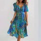 Floral Print A-Line Dress – V-Neck Short Sleeve Midi Dress FitiqueFit