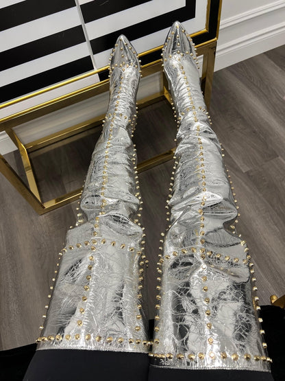 Explosive Sexy Gold-studded Stiletto-pointed Fashion Boots See size chart under “more details” The Fashion Celestial