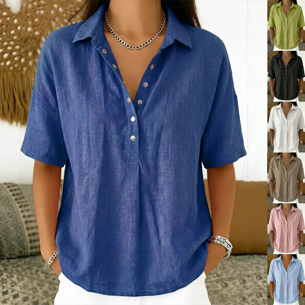 Short Sleeve Button Pullover Shirt – Solid Color Women’s Top FitiqueFit