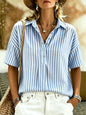 Women's Striped Short-Sleeve Shirt with Turn-Down Collar FitiqueFit