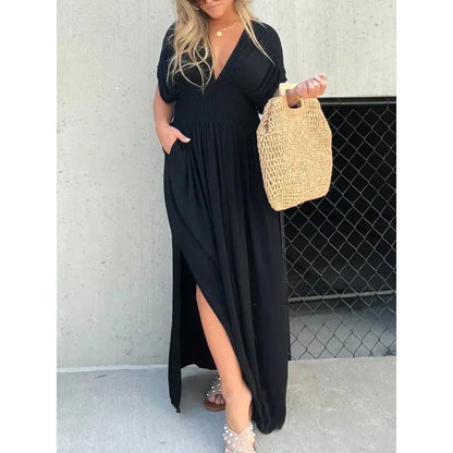 Bat-sleeved V-neck Slit  Elastic Waist Long Dress Grayceful LLC