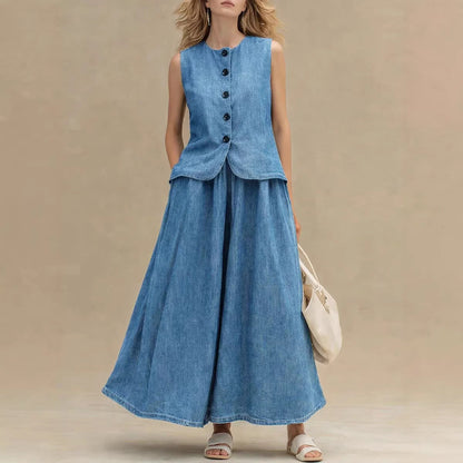 Women's Crew Neck Denim Vest Top & High-Waist A-Line Skirt Set – 3 Colors S–XXL FitiqueFit