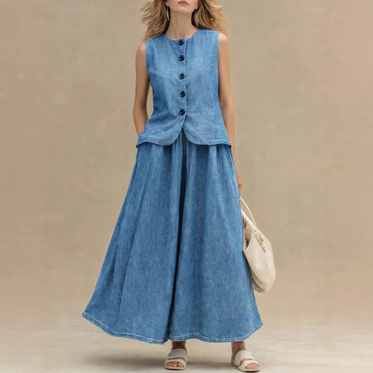 Women's Crew Neck Denim Vest Top & High-Waist A-Line Skirt Set – 3 Colors S–XXL FitiqueFit