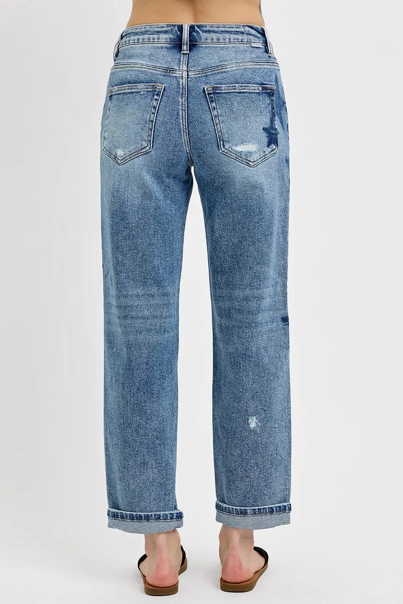 RISEN Full Size Mid Rise Boyfriend Star Shadow Detail Cuffed Jeans Plus Size West2East Surf