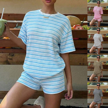 Women's Crew-Neck Spliced Short-Sleeve T-Shirt & Shorts Set FitiqueFit