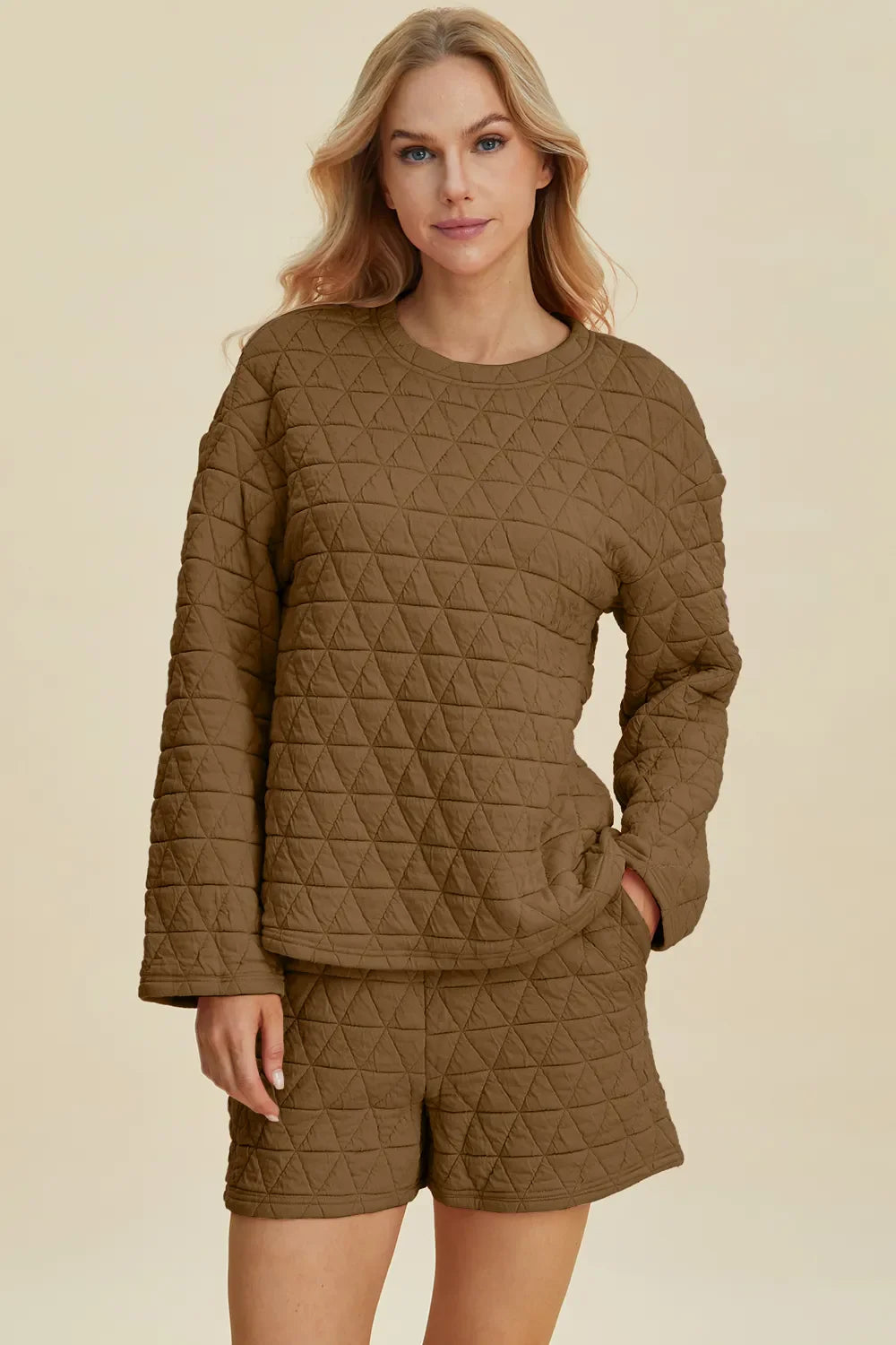 Double Take Full Size Texture Round Neck Long Sleeve Top and Shorts Set West2East Surf